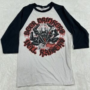 Anvil Raglan Tee Mens Small White Black Beer Drinkers Hell Raisers Graphic